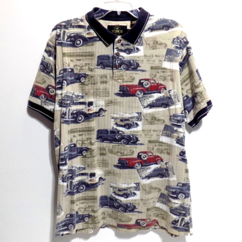 Redhead Men’s Beige with Old Classic Trucks Design Polo Shirt – Size: Medium